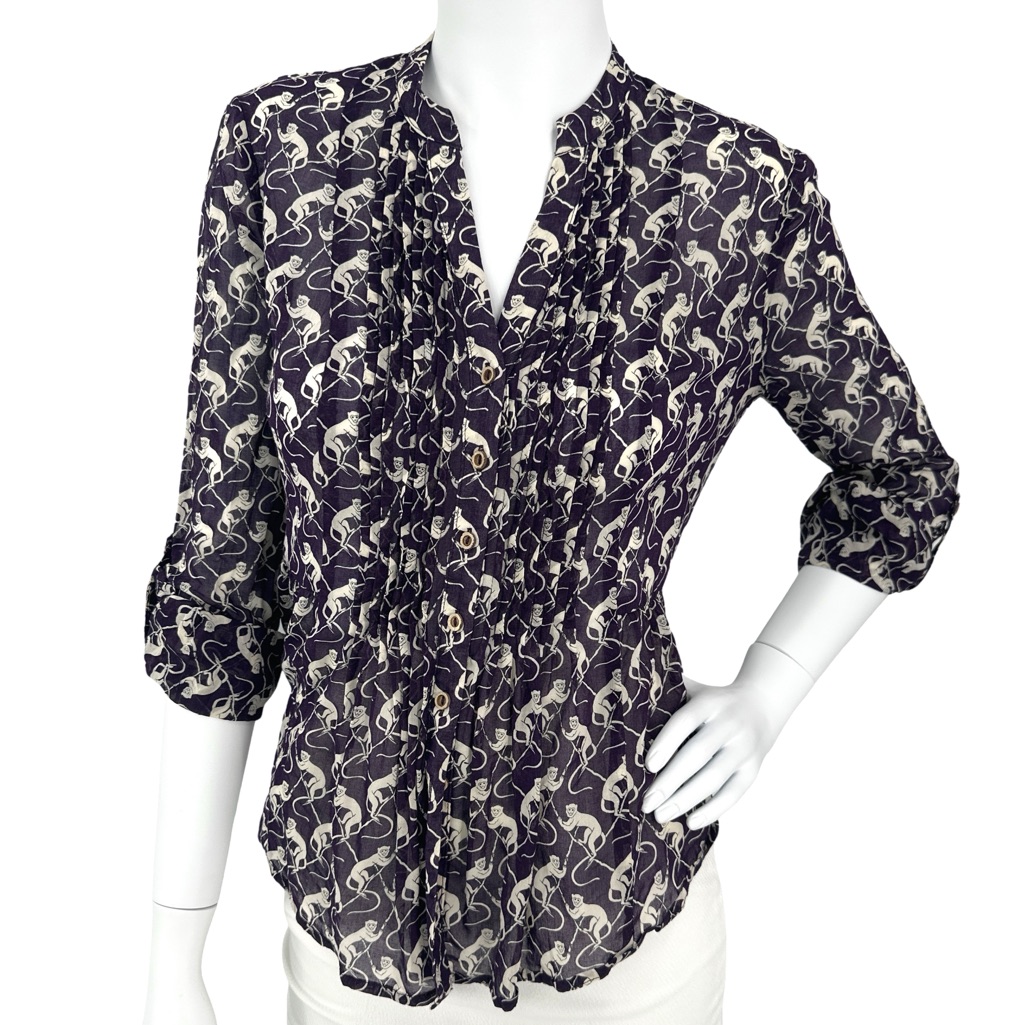 Parisian-Style Buttoned Rolled Up Sleeve Maeve Navy Blouse With Monkey Print